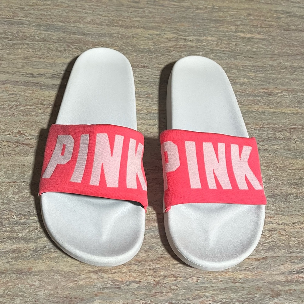 PINK Victoria’s Secret Pink and White Slide Sandals